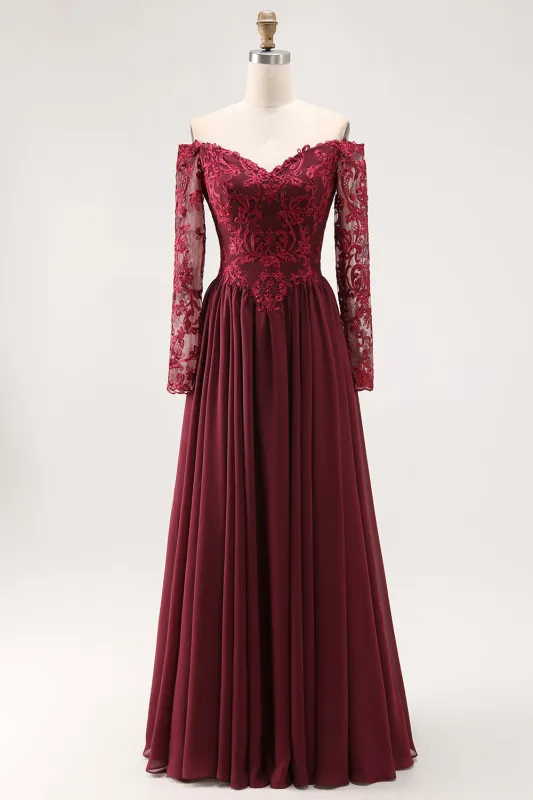 Cabernet A-Line Lace Off The Shoulder Mother Of The Bride Dress with Long Sleeves sold by Wedtrend