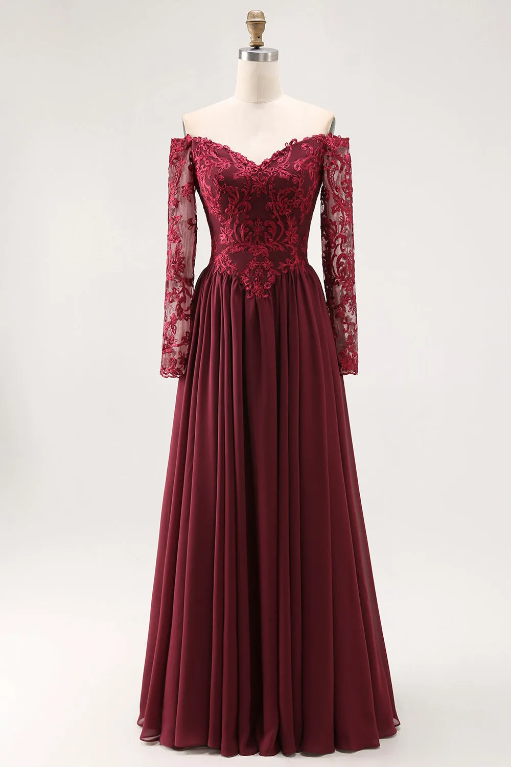 Cabernet A-Line Lace Off The Shoulder Mother Of The Bride Dress with Long Sleeves sold by Wedtrend