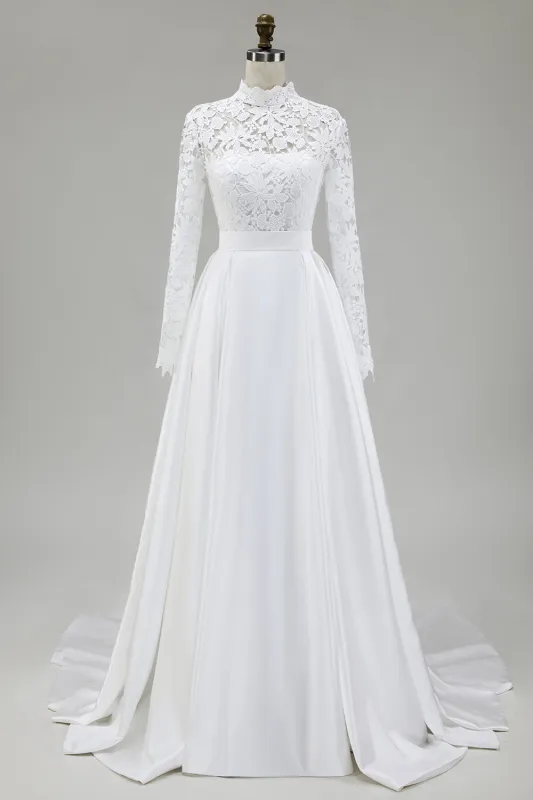 Ivory Lace A-Line High Neck Wedding Dress with Long Sleeves sold by Wedtrend