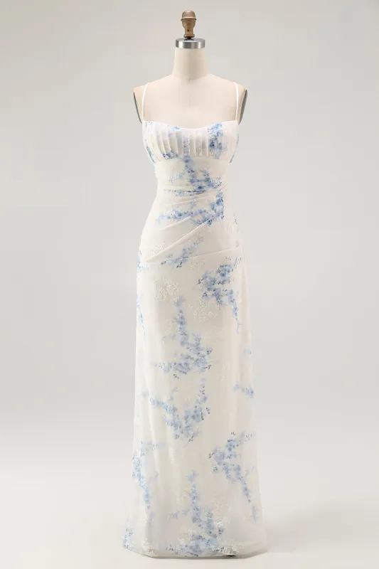 White Blue Flower Sheath Velvet Burnout Maxi Dress with Lace Up Back made by Wedtrend