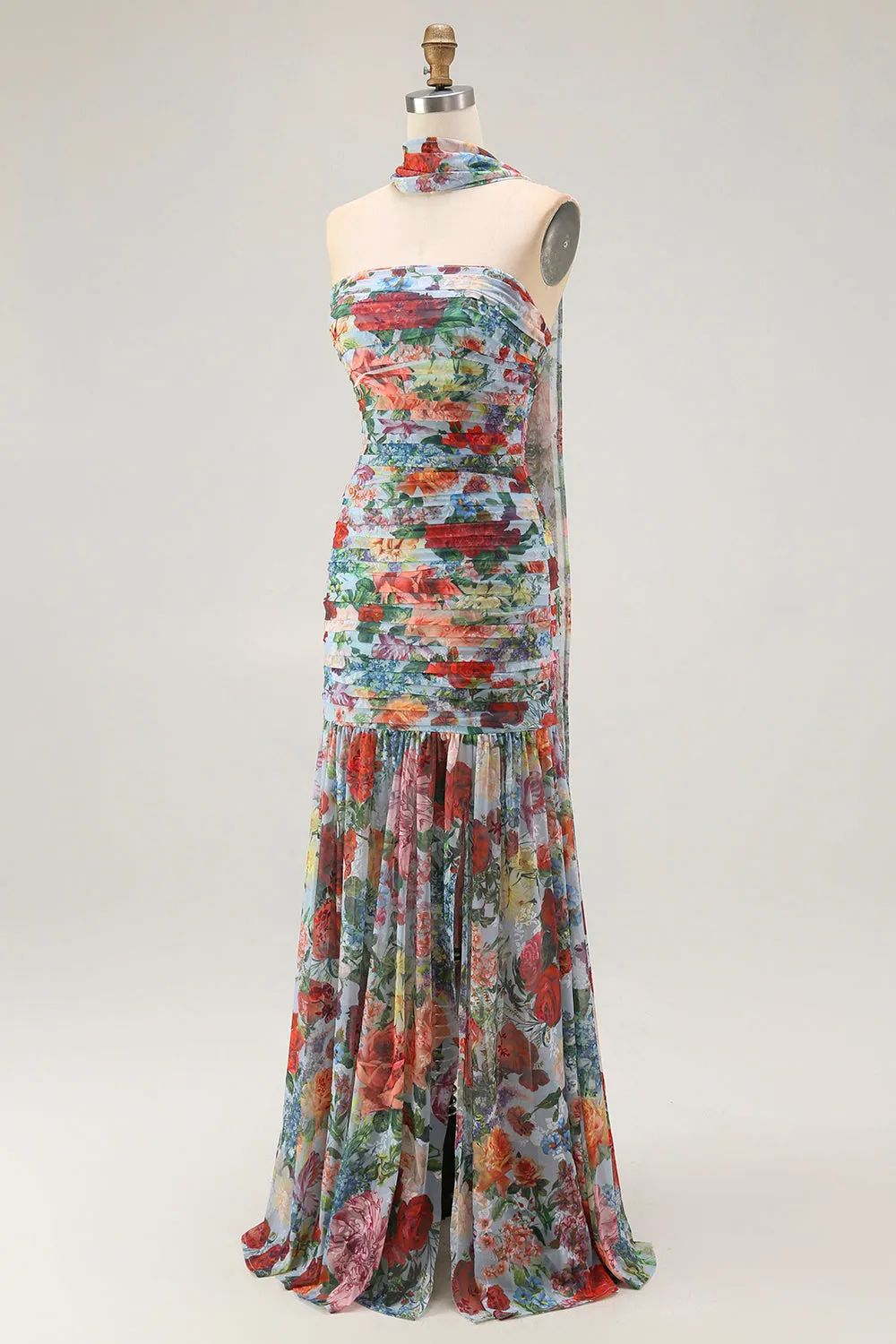 Multi Flower Strapless Sheath Pleated Print Convertible Floral Dress with Slit sold by Wedtrend product image thumbnail 3
