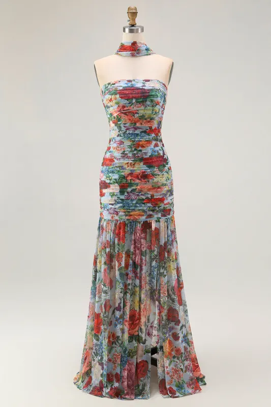 Multi Flower Strapless Sheath Pleated Print Convertible Floral Dress with Slit made by Wedtrend