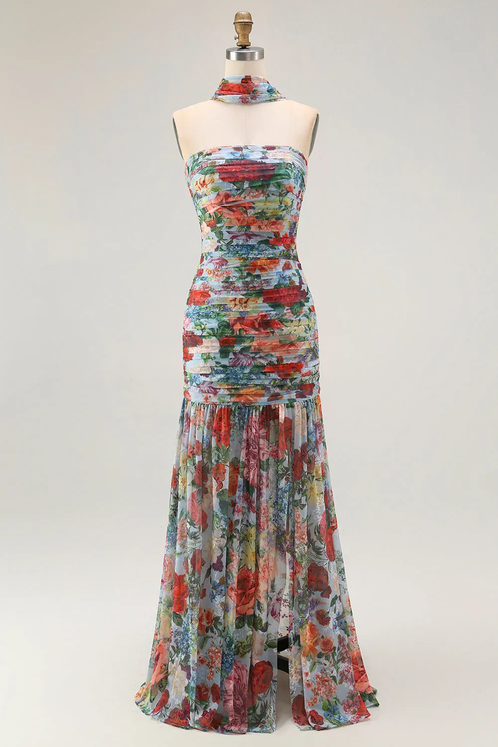 Multi Flower Strapless Sheath Pleated Print Convertible Floral Dress with Slit sold by Wedtrend