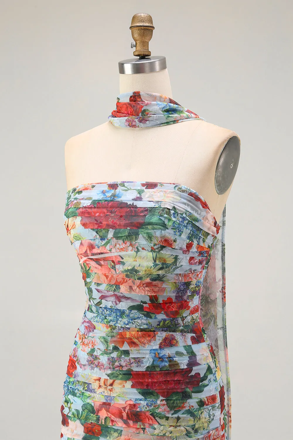 Multi Flower Strapless Sheath Pleated Print Convertible Floral Dress with Slit sold by Wedtrend product image thumbnail 5