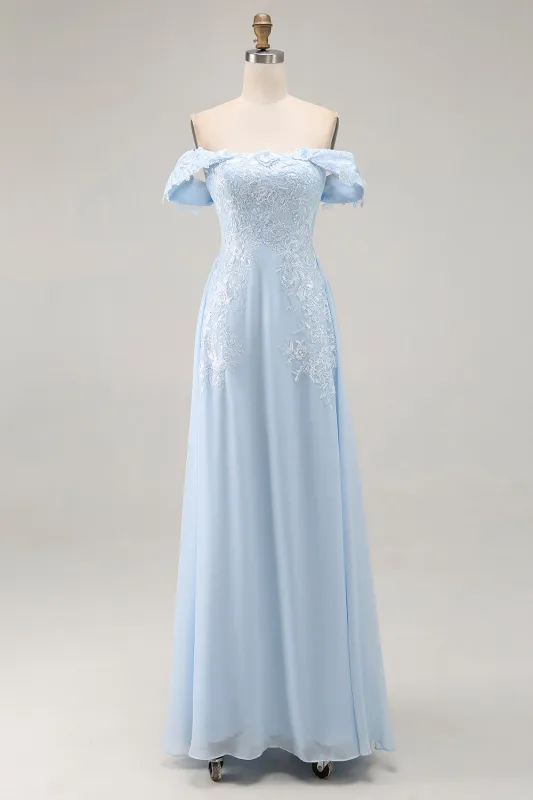 Sky Blue Off the Shoulder Chiffon Sheath Mother of the Bride Dress with Embroidery made by Wedtrend