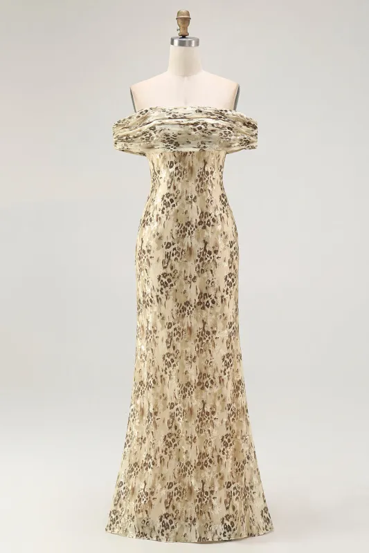 Champagne Flower Off The Shoulder Print Sheath Maxi Dress made by Wedtrend