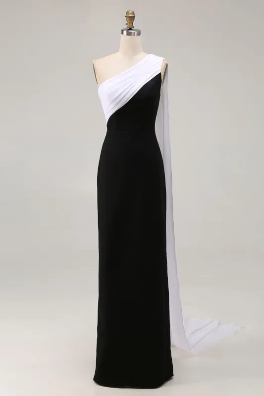One Shoulder Black and White Sheath Long Formal Dress with Streamer made by Wedtrend