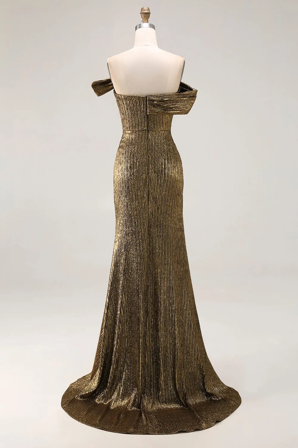Metallic Gold Off The Shoulder Sheath Pleated Long Prom Dress with Slit sold by Wedtrend product image thumbnail 2