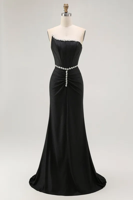 Black Strapless Mermaid Corset Long Prom Dress with Rhinestones sold by Wedtrend