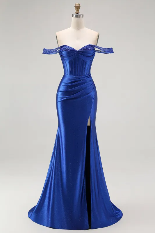 Royal Blue Off The Shoulder Mermaid Corset Ruched Long Prom Dress with Slit made by Wedtrend