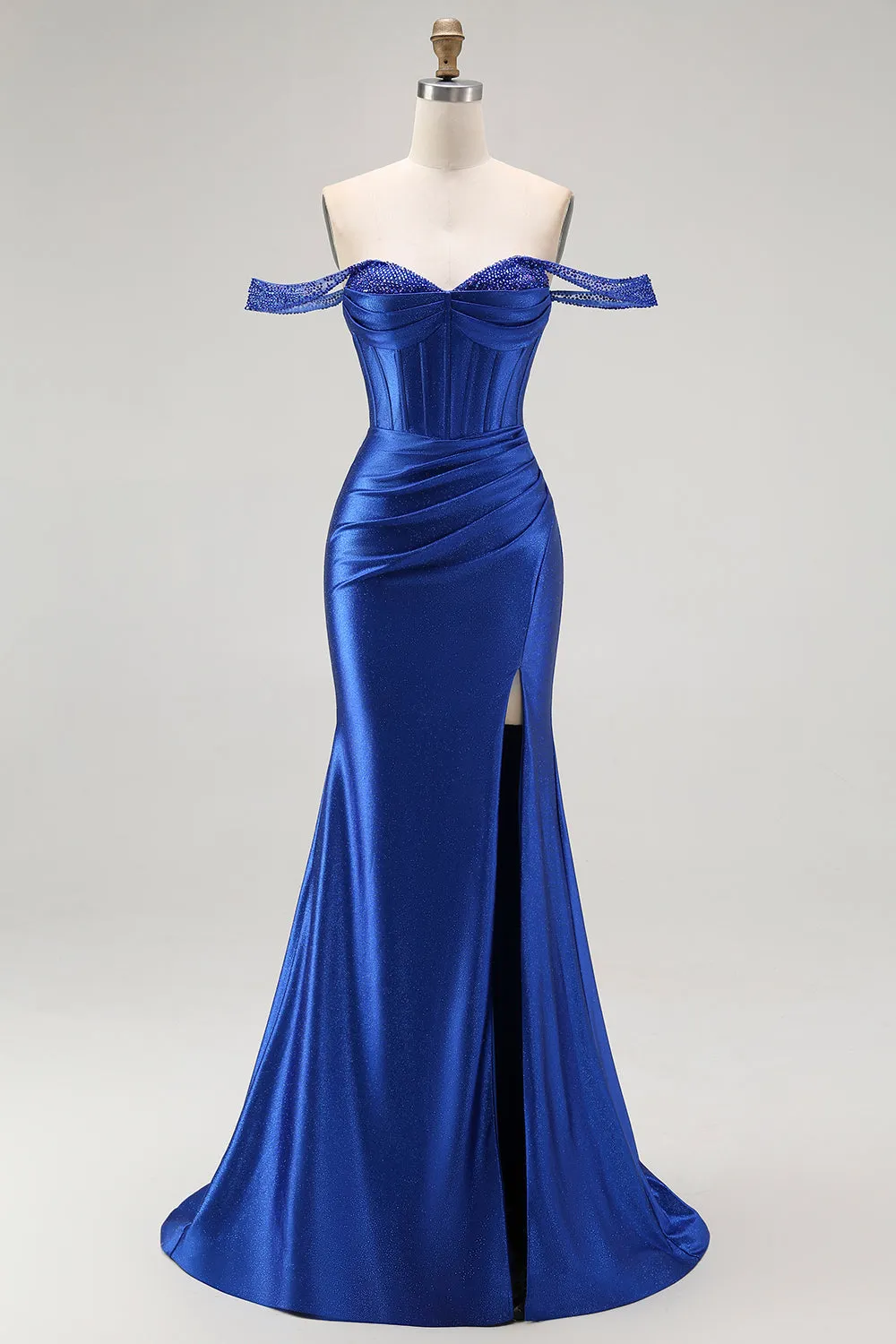Royal Blue Off The Shoulder Mermaid Corset Ruched Long Prom Dress with Slit sold by Wedtrend