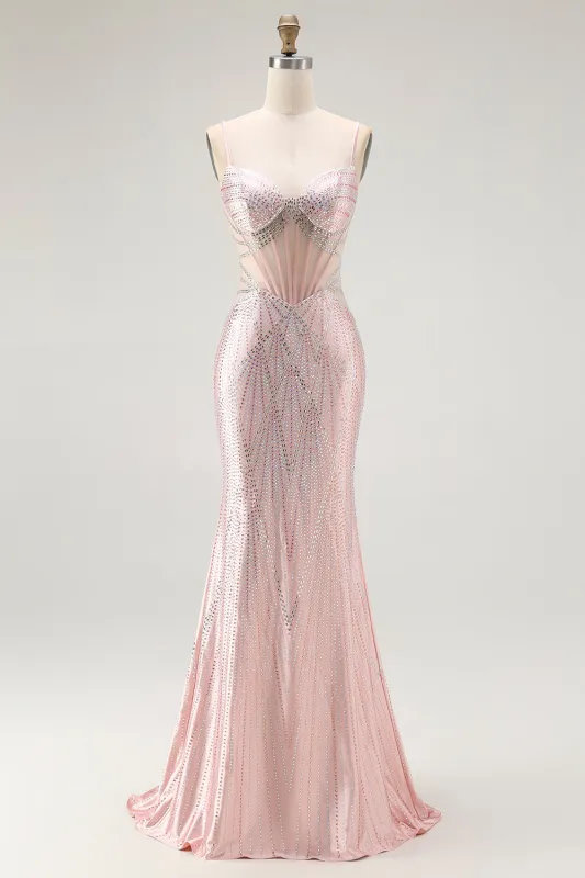 Blush Mermaid Spaghetti Straps Sheer Corset Long Prom Dress with Beading made by Wedtrend