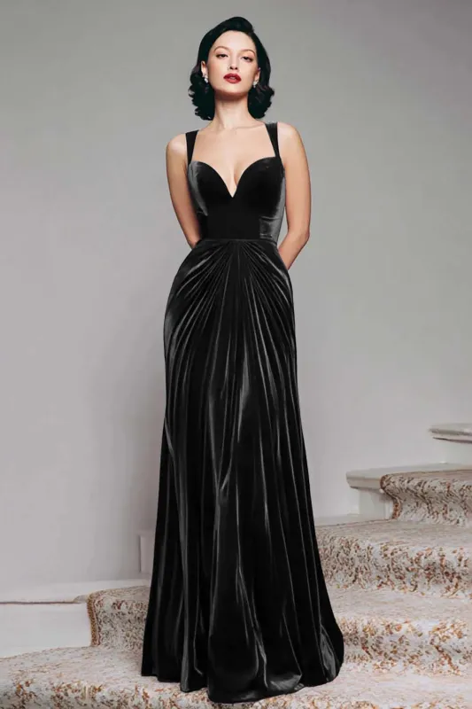 Black Velvet A Line Thick Straps Ruched Maxi Holiday Party Dress made by Wedtrend