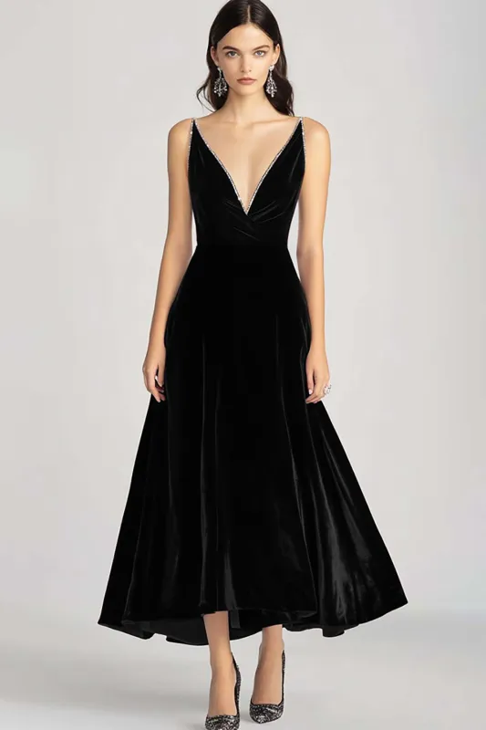 Black Spaghetti Straps Velvet A-Line Formal Dress made by Wedtrend