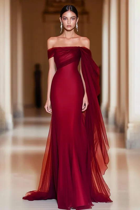 Cabernet Off the Shoulder Mermaid Tulle Long Formal Dress with Cape made by Wedtrend
