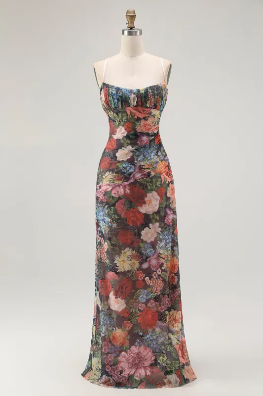 Black Flower Sheath Spaghetti Straps Print Maxi Dress with Lace Up Back made by Wedtrend