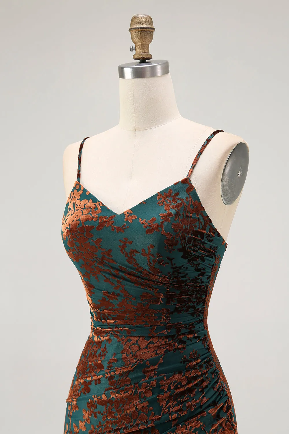 Dark Green Spaghetti Straps Sheath Velvet Burnout Maxi Dress with Slit sold by Wedtrend product image thumbnail 5