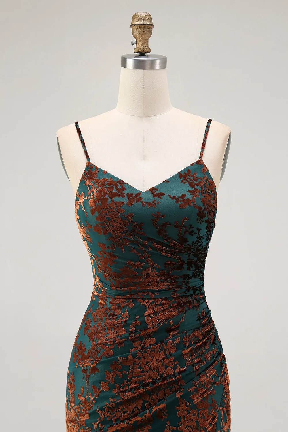 Dark Green Spaghetti Straps Sheath Velvet Burnout Maxi Dress with Slit sold by Wedtrend product image thumbnail 4