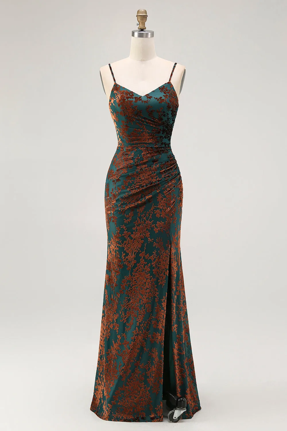 Dark Green Spaghetti Straps Sheath Velvet Burnout Maxi Dress with Slit sold by Wedtrend