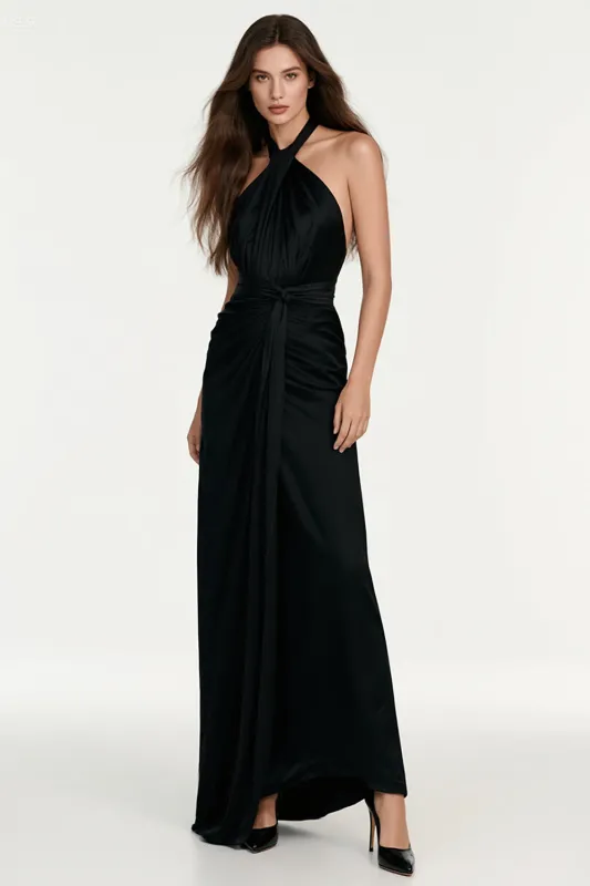 Halter A-Line Backless Ruched Black Tie Dress sold by Wedtrend