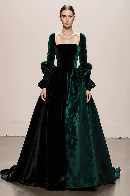 Dark Green A-Line Velvet Long Sleeves Maxi Evening Dress sold by Wedtrend