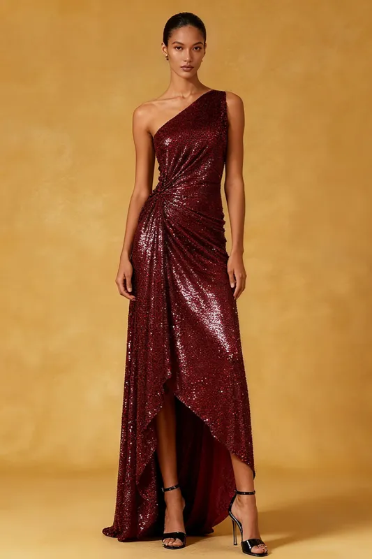 Sparkly Burgundy One Shoulder Ruched High-Low Evening Dress sold by Wedtrend
