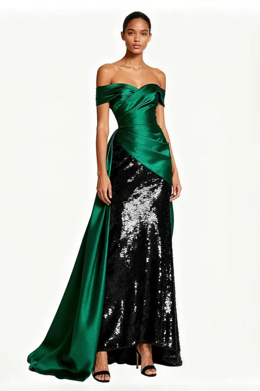Sparkly Dark Green Off The Shoulder Ruched Holiday Dress made by Wedtrend