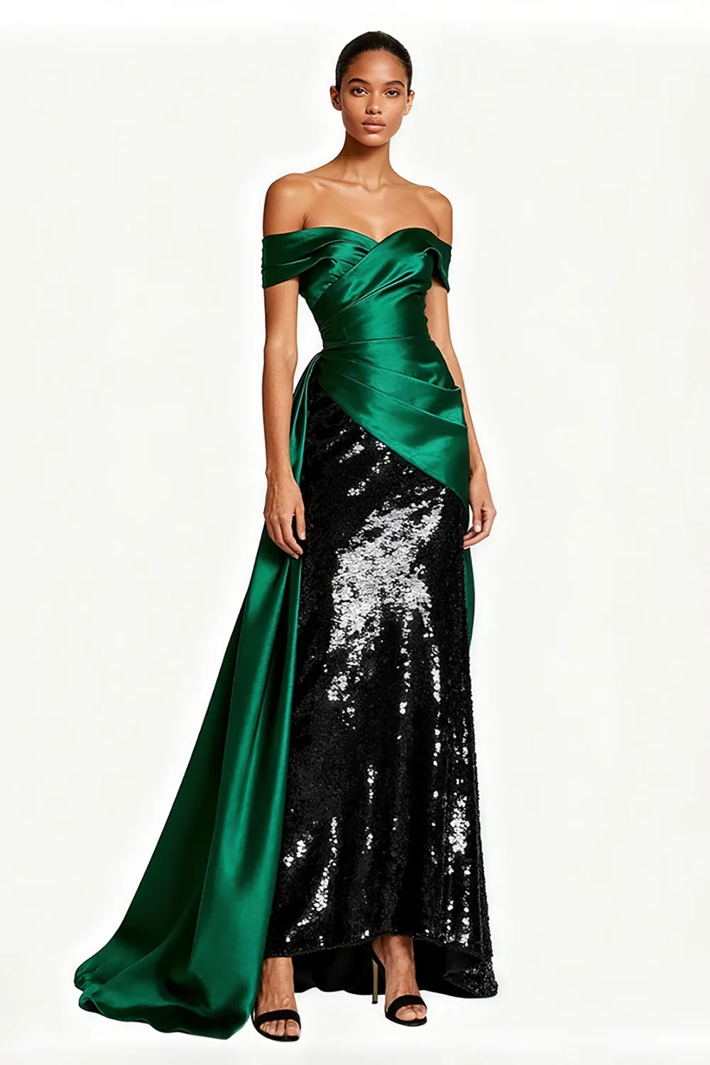 Sparkly Dark Green Off The Shoulder Ruched Holiday Dress sold by Wedtrend
