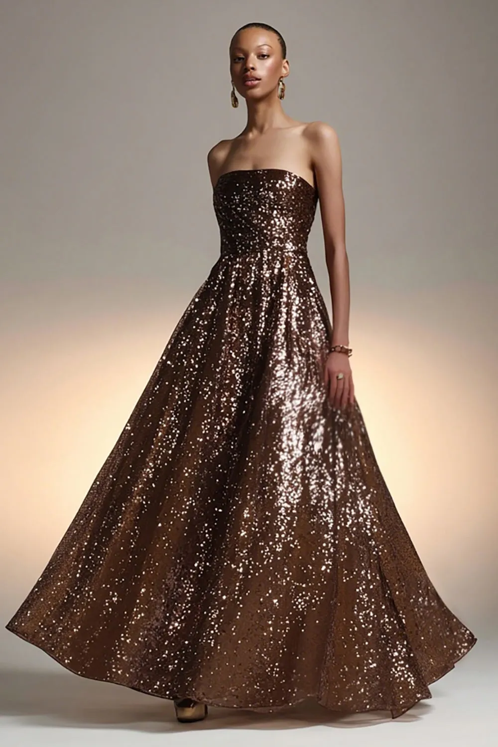 Brown Strapless A-Line Maxi Gala Dress with Sequins sold by Wedtrend