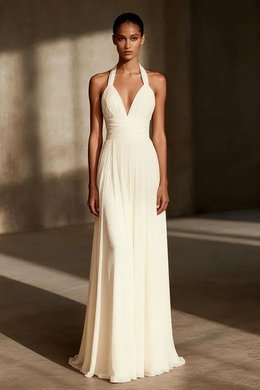 Ivory Halter Backless A-Line Maxi Evening Dress made by Wedtrend