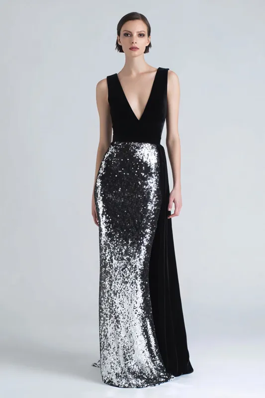Black and Silver Sequins Mermaid Velvet Formal Dress with Sash sold by Wedtrend