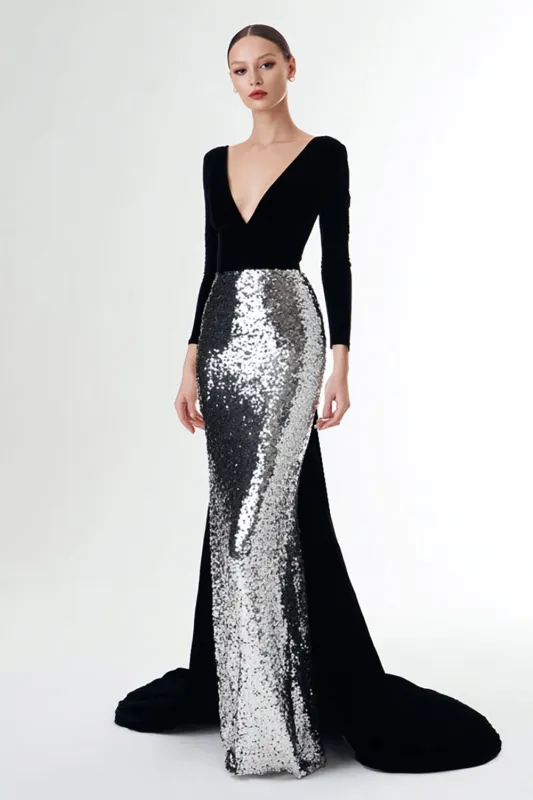 Mermaid Velvet Black and Silver Sequins Formal Dress with Long Sleeves sold by Wedtrend