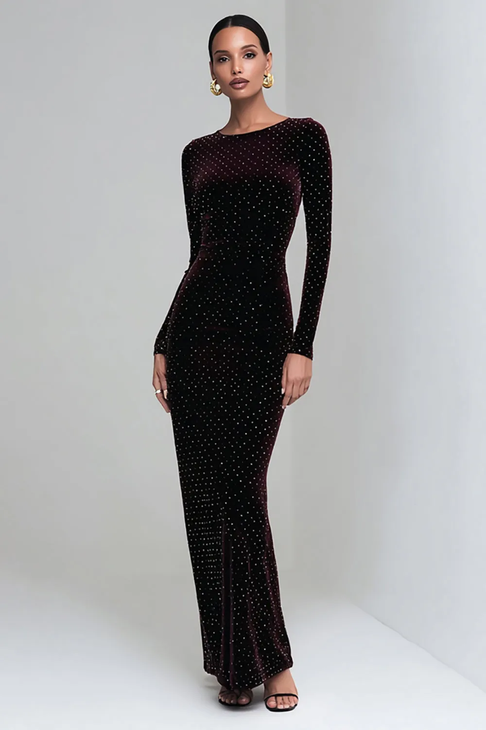 Velvet Sheath Long Sleeves Coffee Formal Dress with Beading sold by Wedtrend