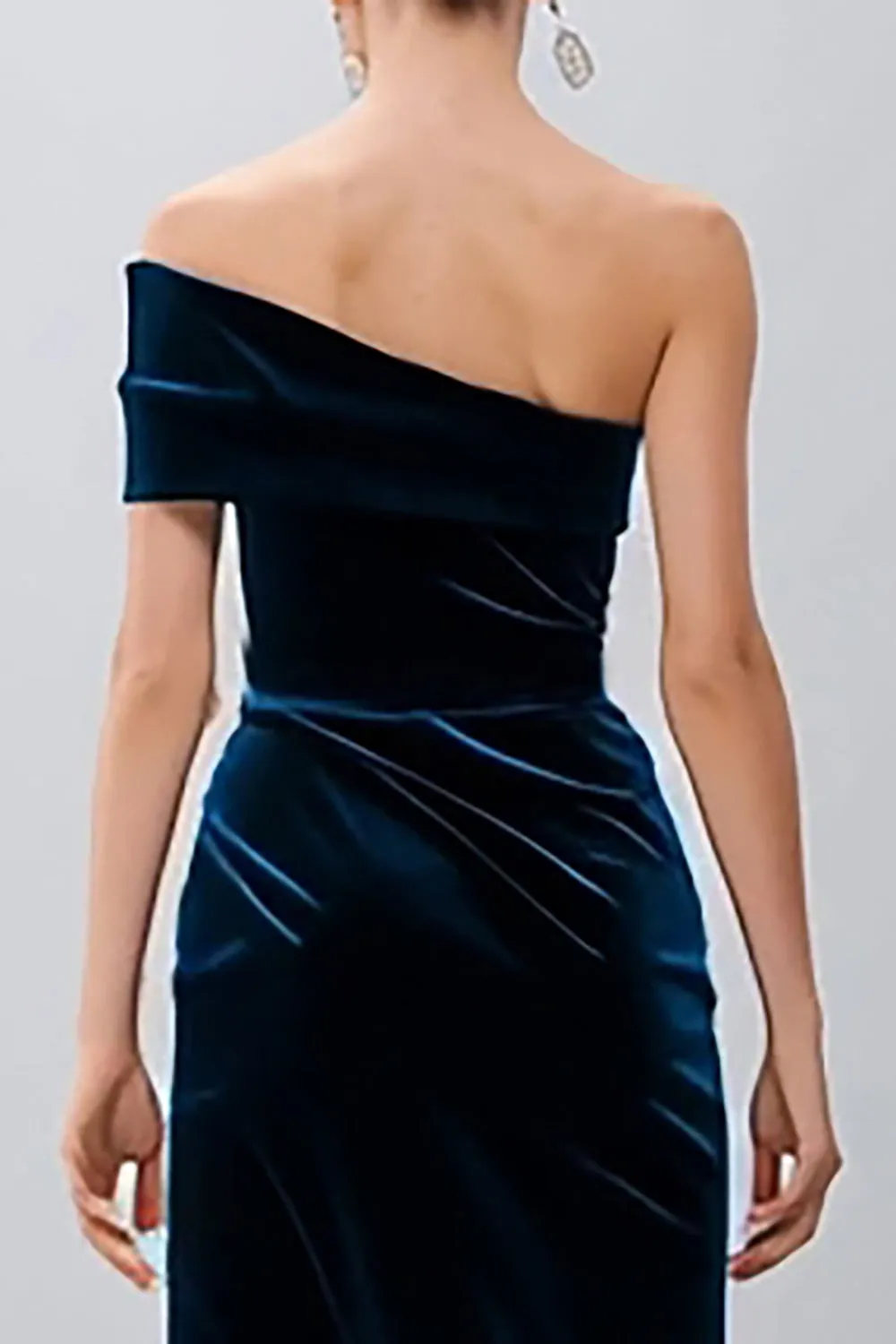 Navy One Shoulder Velvet Semi-Formal Dress with Slit sold by Wedtrend product image thumbnail 4