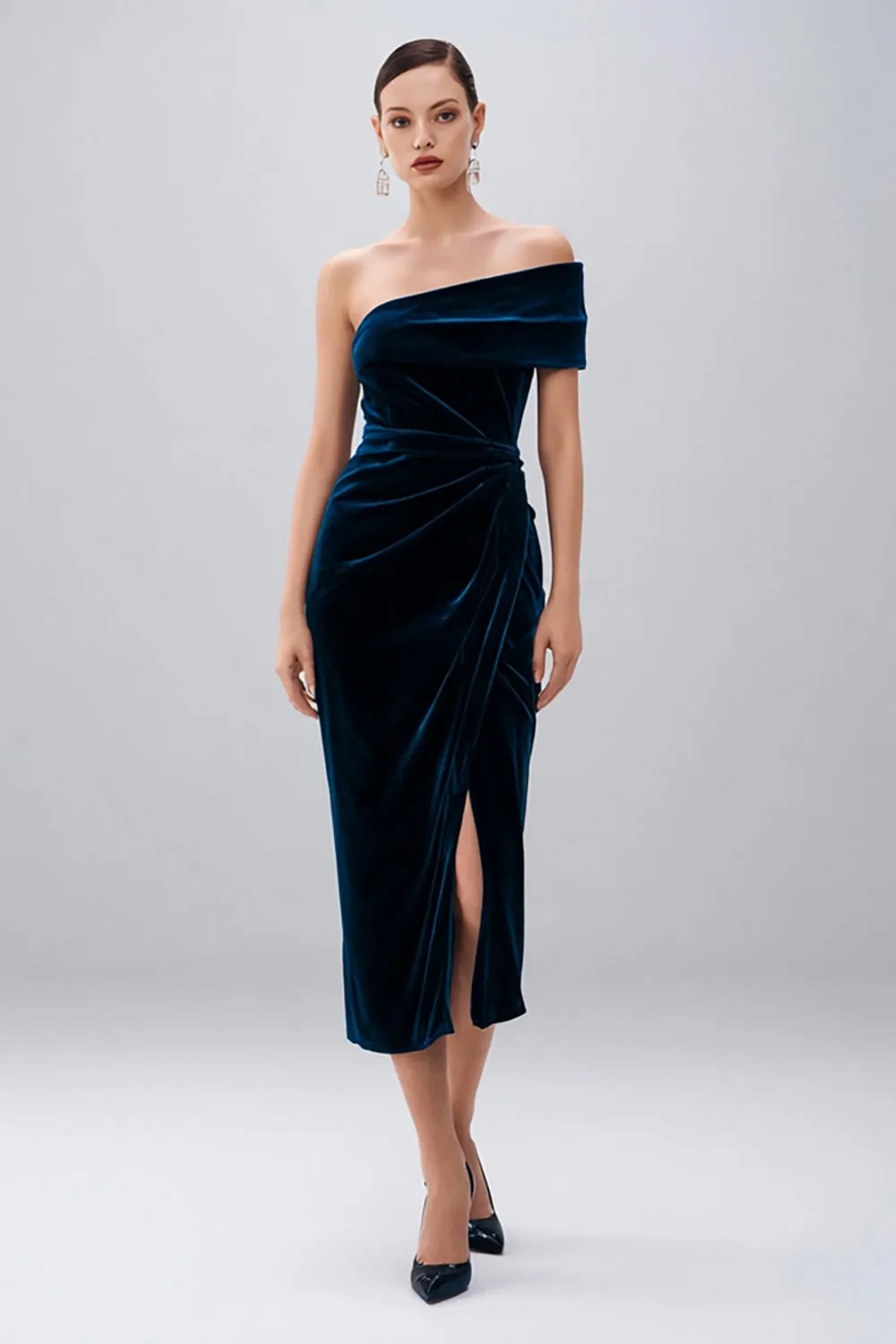 Navy One Shoulder Velvet Semi-Formal Dress with Slit sold by Wedtrend