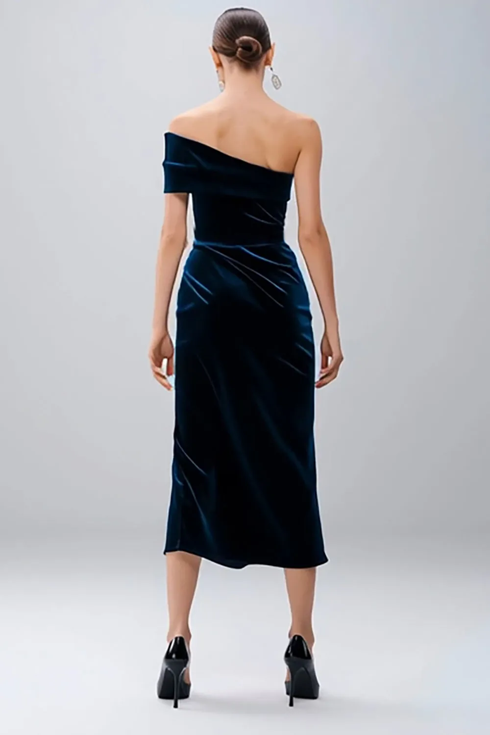 Navy One Shoulder Velvet Semi-Formal Dress with Slit sold by Wedtrend product image thumbnail 2