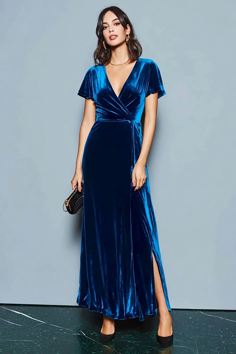 Dark Blue A-Line Velvet Holiday Party Dress with Slit sold by Wedtrend