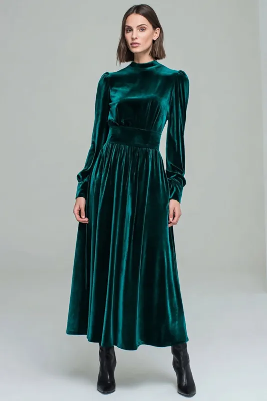 Peacock Green Velvet A-Line Holiday Party Dress with Long Sleeves sold by Wedtrend