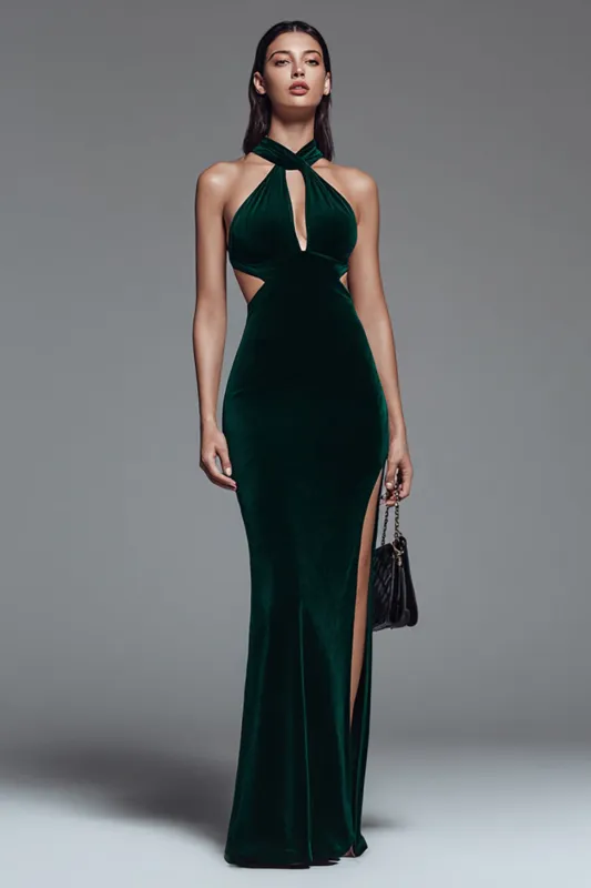 Dark Green Halter Cut Out Mermaid Velvet Formal Dress with Slit made by Wedtrend