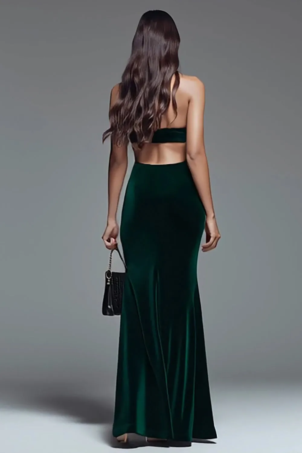 Dark Green Halter Cut Out Mermaid Velvet Formal Dress with Slit sold by Wedtrend product image thumbnail 2