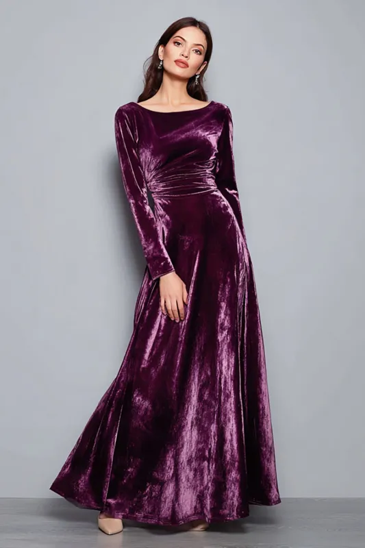 Purple A-Line Velvet Holiday Dress with Long Sleeves sold by Wedtrend