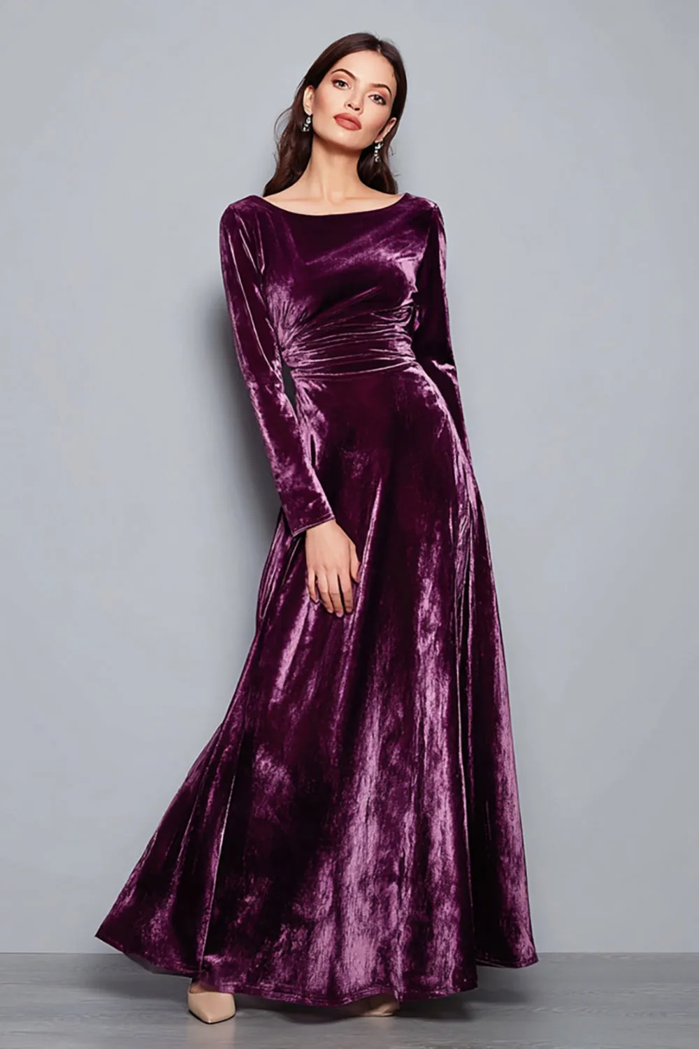 Purple A-Line Velvet Holiday Dress with Long Sleeves sold by Wedtrend
