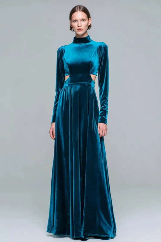 Peacock Blue Cut Out A-Line Maxi Holiday Dress with Long Sleeves sold by Wedtrend