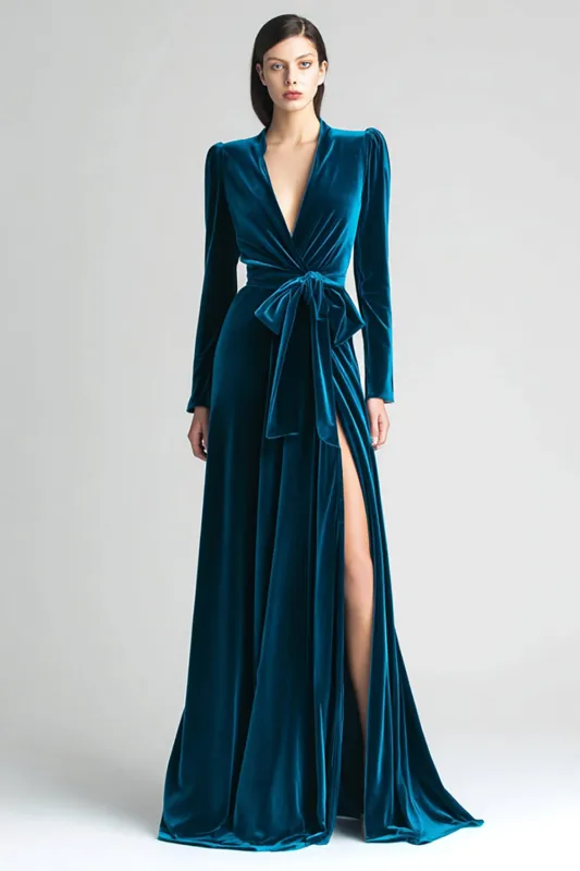 Peacock Blue A-Line Long Sleeves Velvet Formal Dress with Slit made by Wedtrend