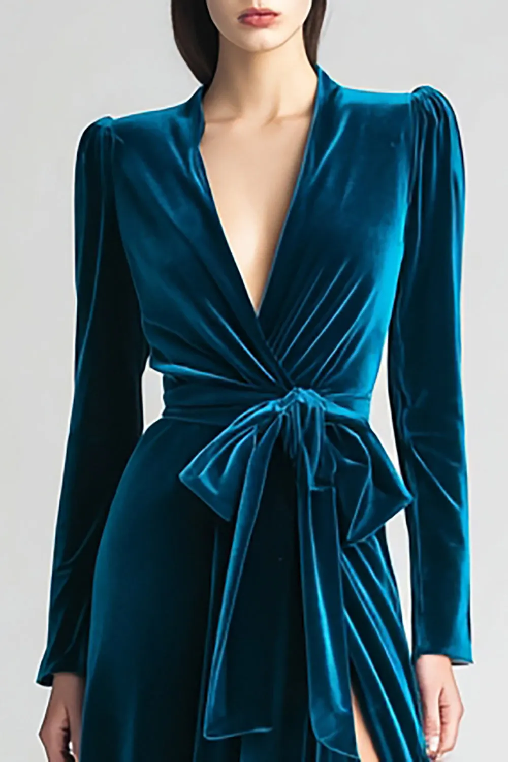 Peacock Blue A-Line Long Sleeves Velvet Formal Dress with Slit sold by Wedtrend product image thumbnail 2