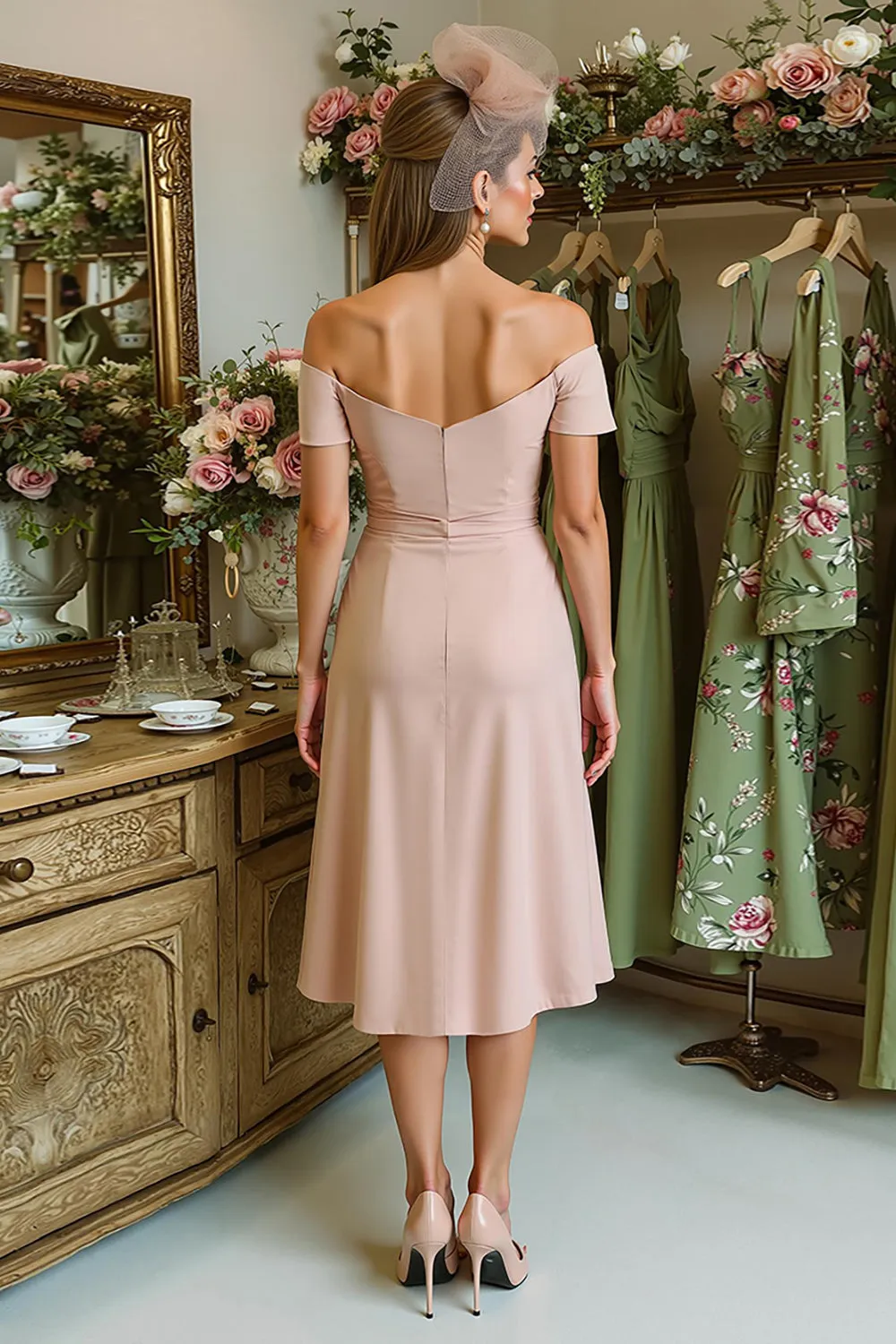 Dusty Rose Off The Shoulder Ruched Sheath Mother Of The Bride Dress sold by Wedtrend product image thumbnail 2