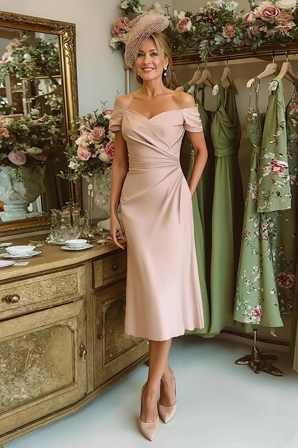 Dusty Rose Off The Shoulder Ruched Sheath Mother Of The Bride Dress sold by Wedtrend