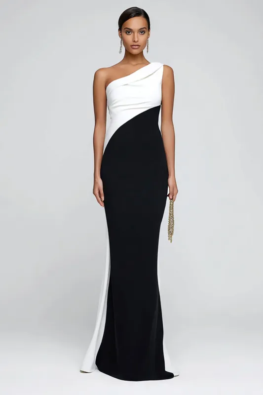 One Shoulder Black and White Mermaid Maxi Formal Dress sold by Wedtrend