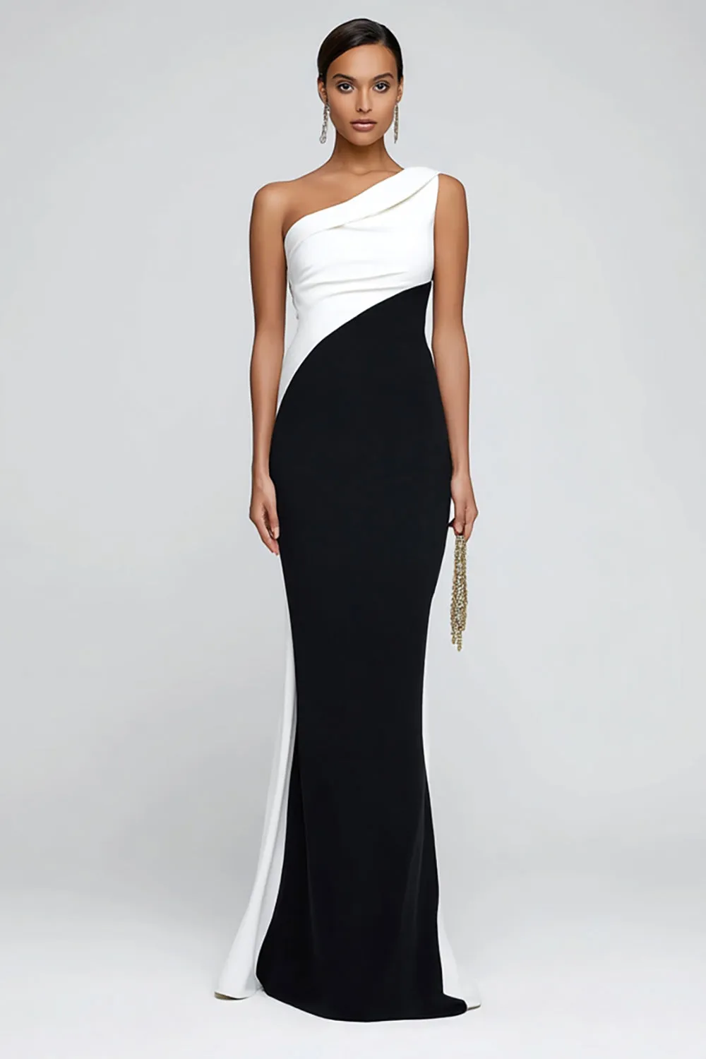 One Shoulder Black and White Mermaid Maxi Formal Dress sold by Wedtrend