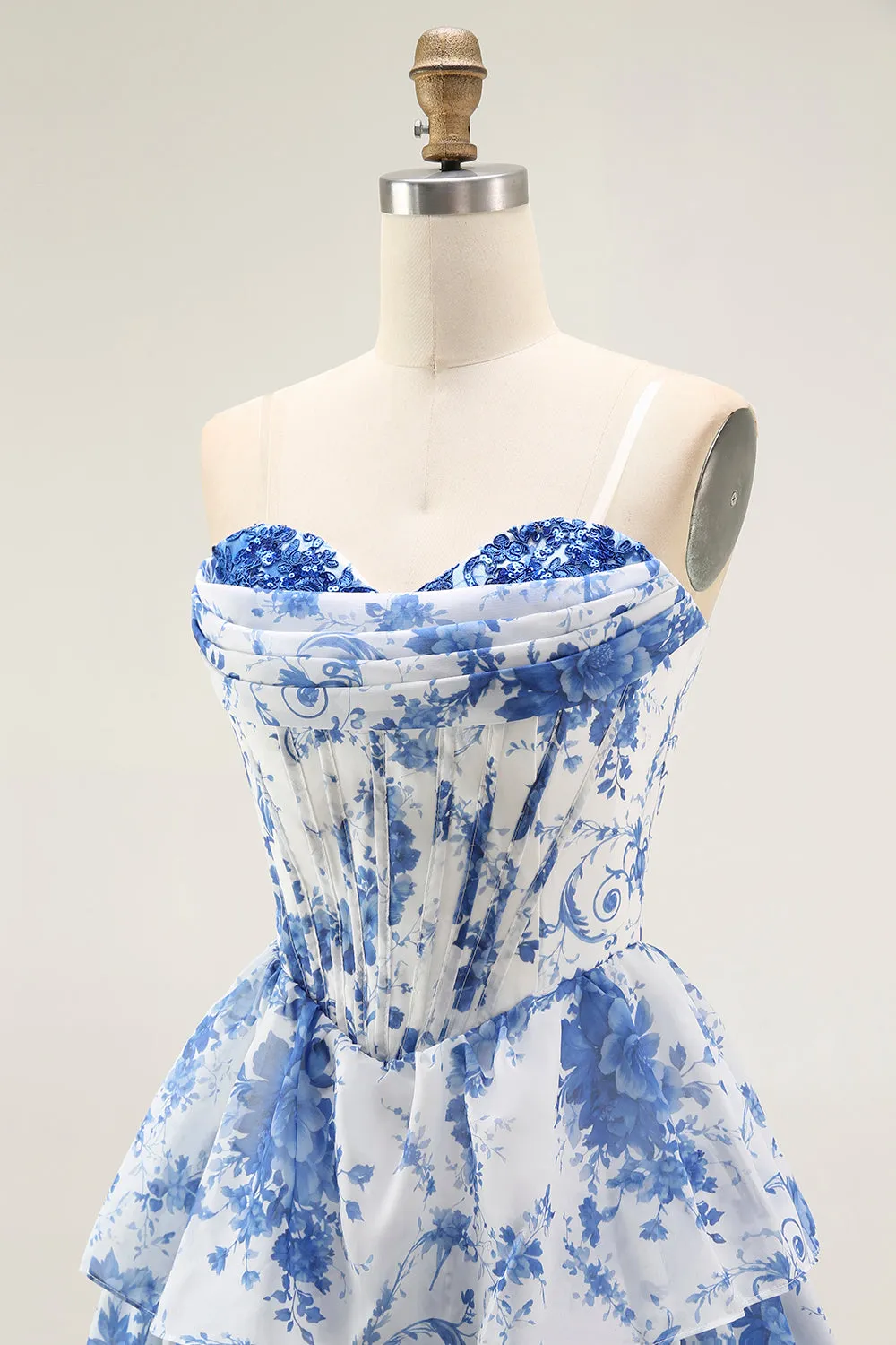 Strapless White Blue Flower A-Line Corset Mini Homecoming Dress with Ruffles sold by Wedtrend product image thumbnail 5